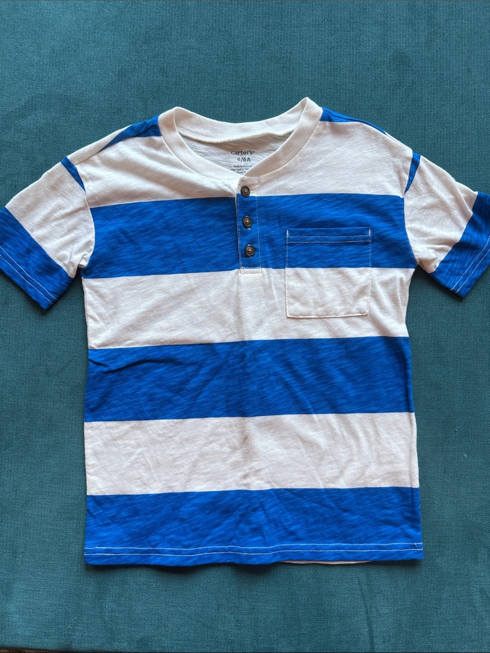 Carter's White & Blue Striped Henley Short Sleeve Tee